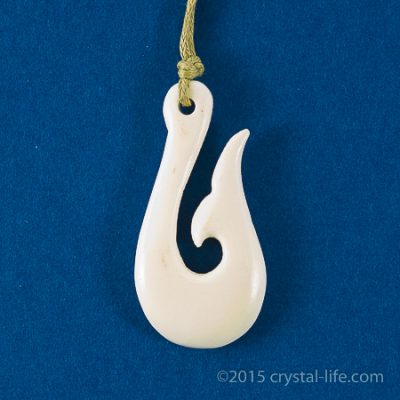 Maori Hei Matau Pendant - with Whale Tail - White Bone - on cord