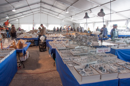 Some shows take place in temporary tents. Purchasers walk up and down aisles to make their selections